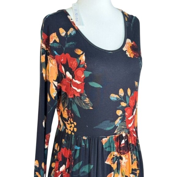NEW Womens Long Sleeve Print Dress Black Fall Boho Midi Soft Stretchy Casual - Picture 2 of 7